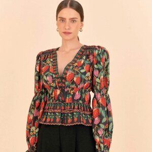 Farm Rio Lady Strawberry Peplum Cotton Blouse